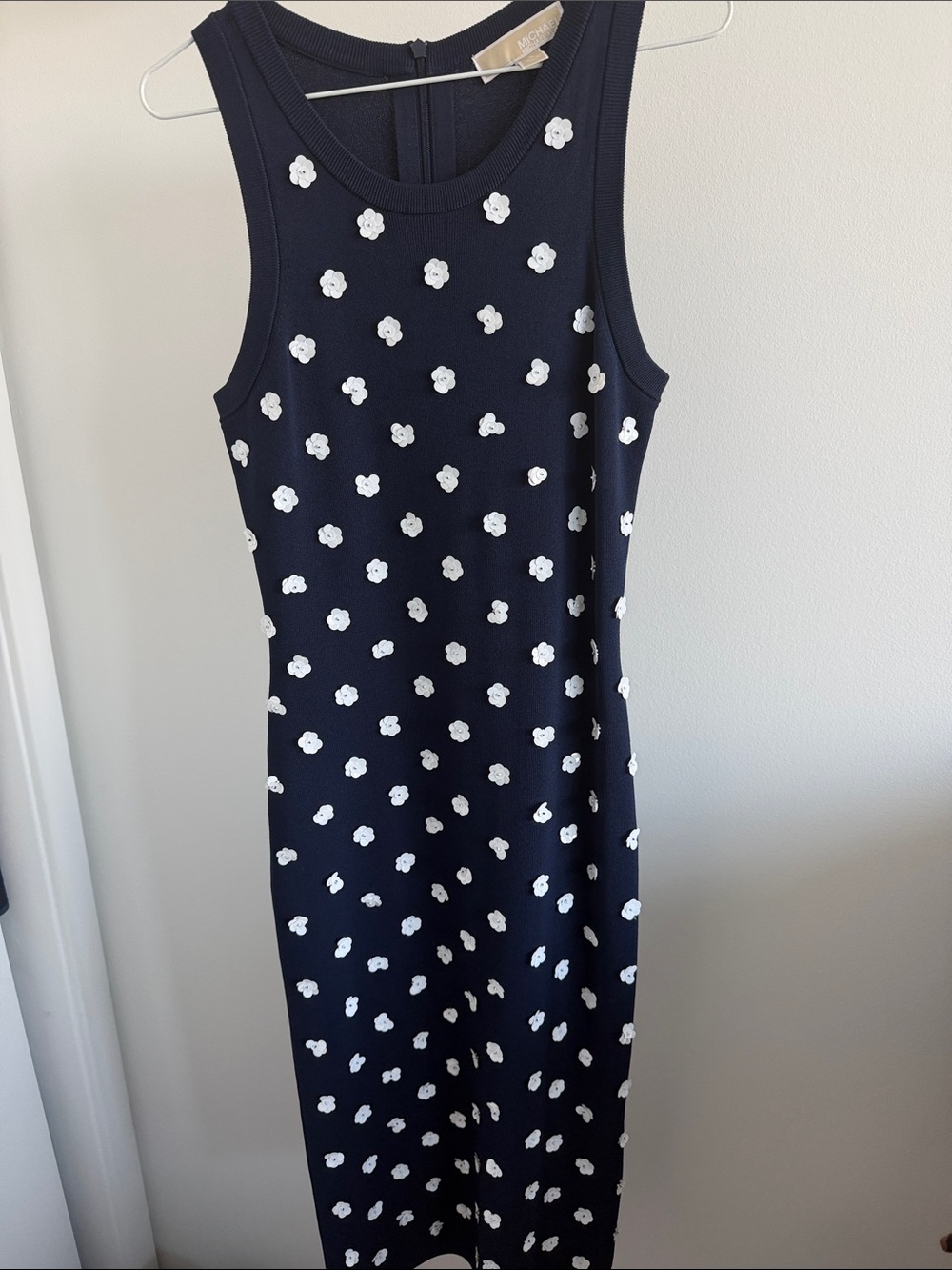 Michael Kors Sleeveless Navy Dress with White Floral Appliqués
